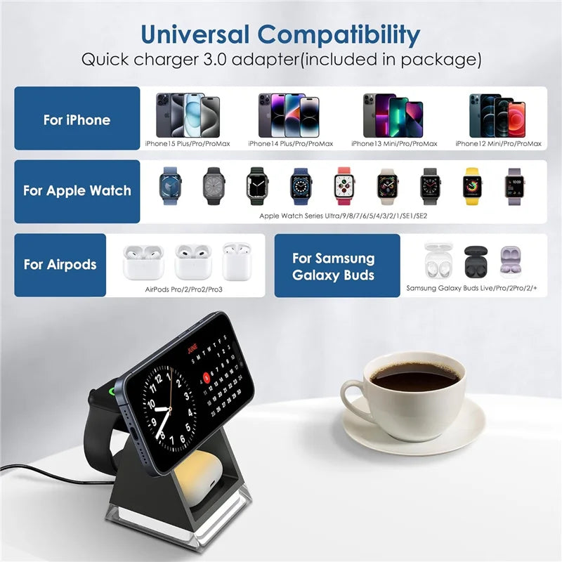 3 In 1 Magnetic Wireless Charger Stand with LED Light