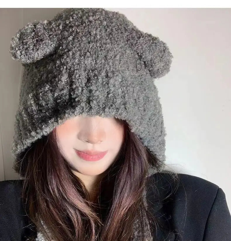 Women's Cute Bear Ear Plush Beanie | Cozy Winter Bomber Hat