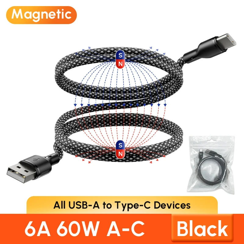Magnetic Braided USB Type-C Car Charging Cable - 6A Data Transfer
