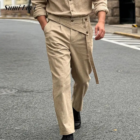 Pantalones casuales de lino para hombre | Elegantes pantalones sueltos de cintura alta