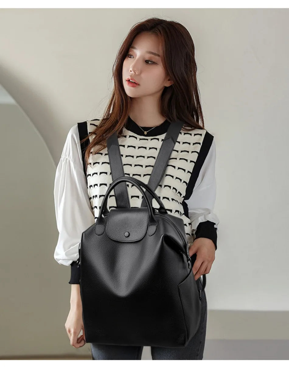 Genuine Cowhide Leather Women's Backpack | Stylish Large Capacity Bag