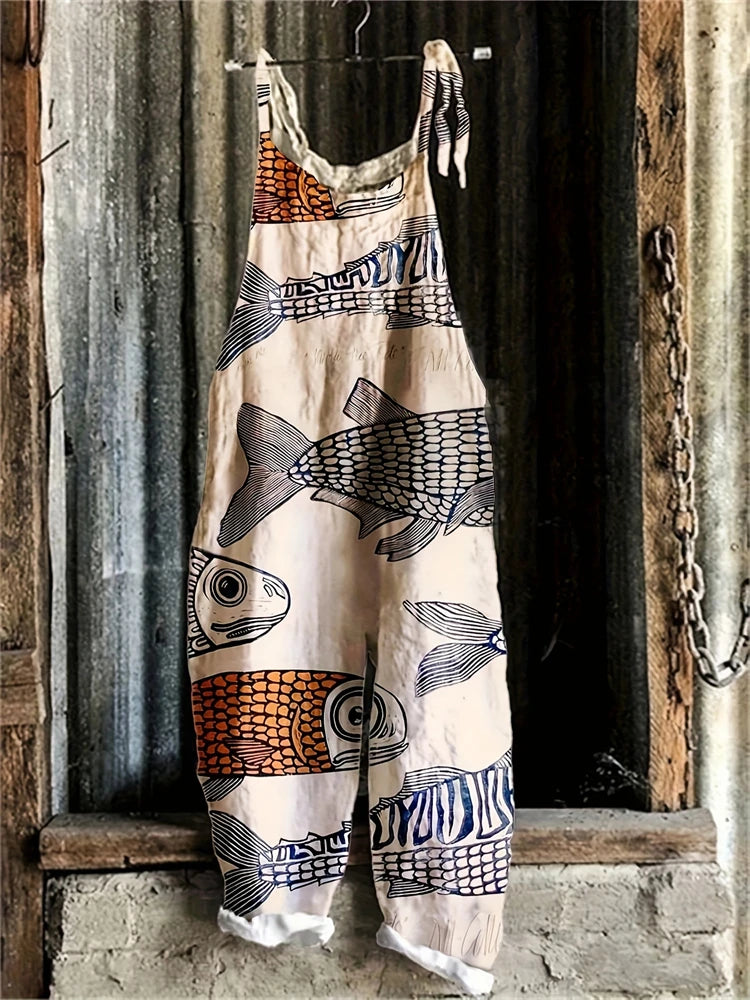 Stylish Women's Fish Print Suspender Jumpsuit for Summer Fun
