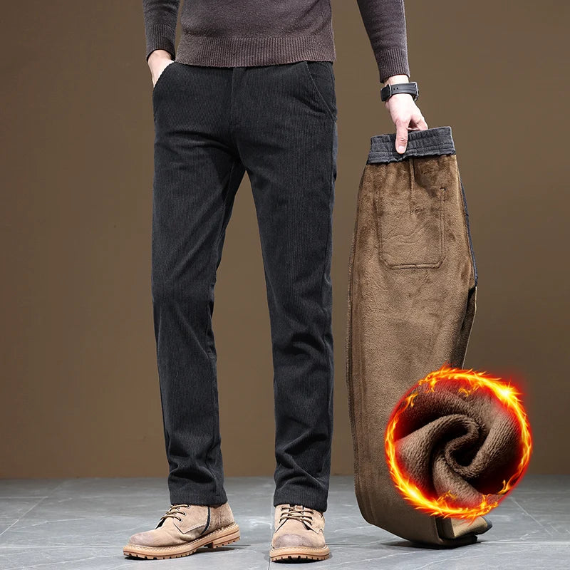 Winter Fleece Warm Corduroy Pants Men Slim Fit Stretch Business Casual Thicken Fluff Trousers Gray Khaki