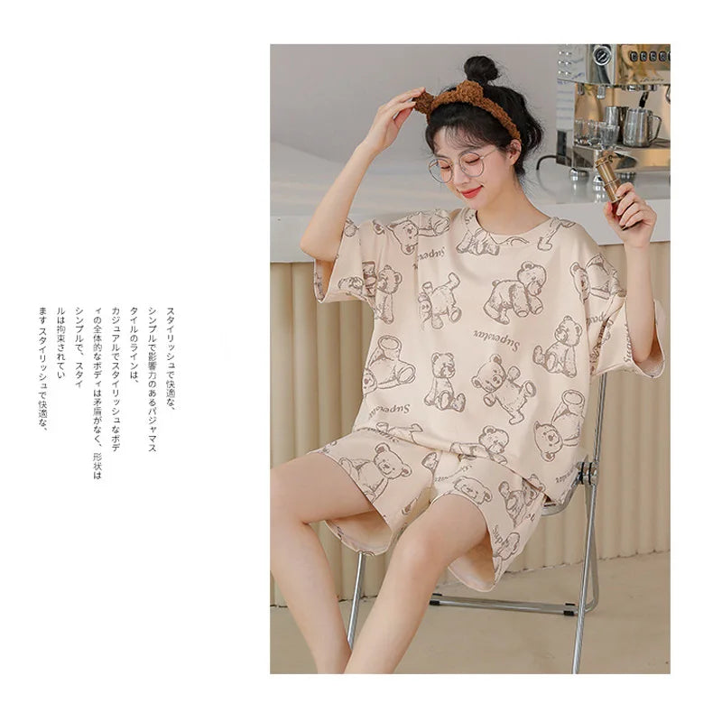 Plus Size Short Sleeve Pajamas for Women | Cute Cartoon Bear Design