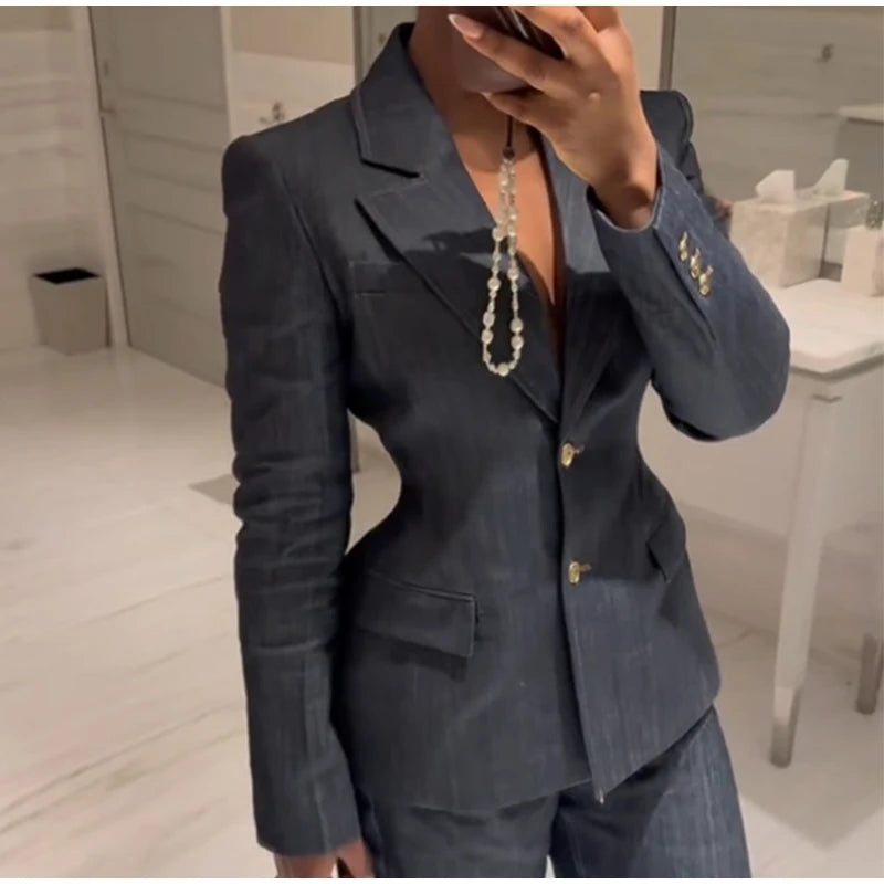 Women’s Retro Denim Vest Suit Jacket & High Waist Pants Set