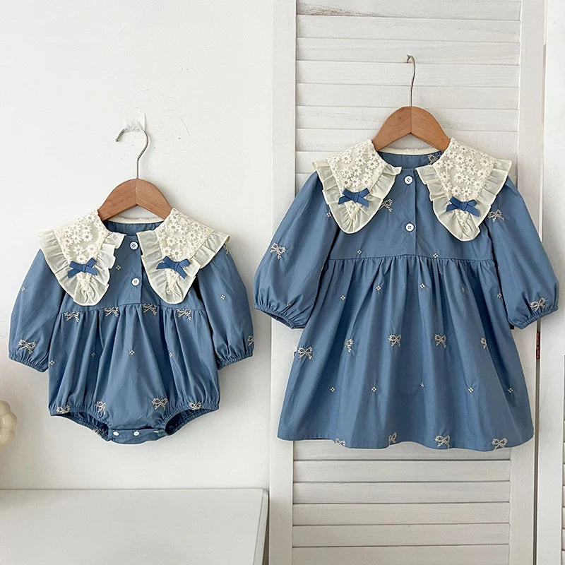 Cute Baby Girls Bow Lace Embroidery Bodysuit & Dress Set