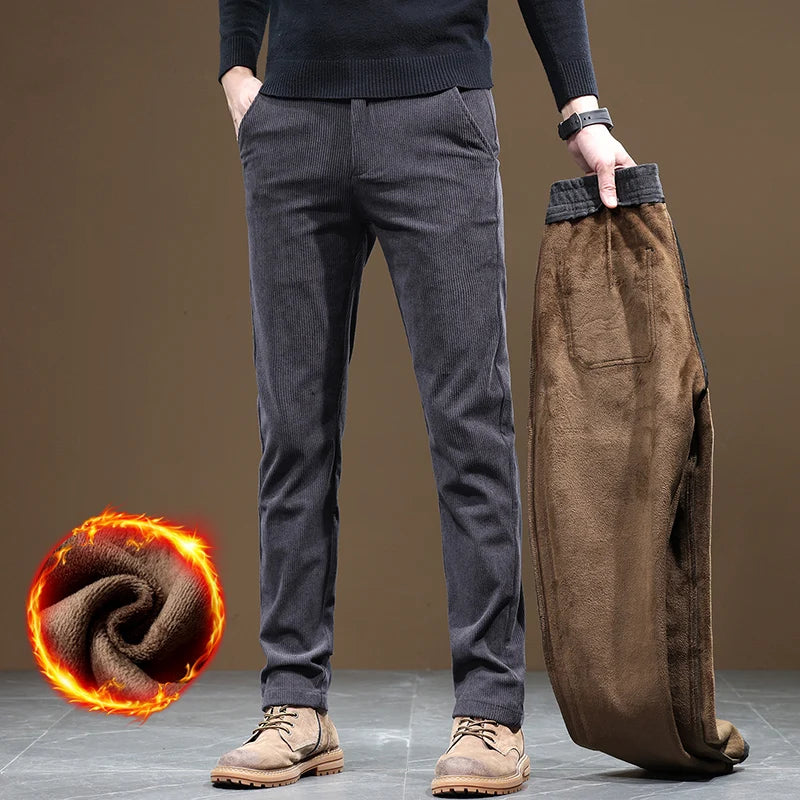 Winter Fleece Warm Corduroy Pants Men Slim Fit Stretch Business Casual Thicken Fluff Trousers Gray Khaki