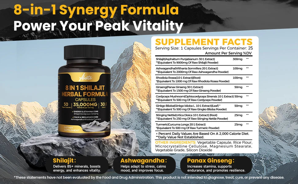 8-in-1 Himalayan Shilajit Capsules for Stress Relief & Vitality