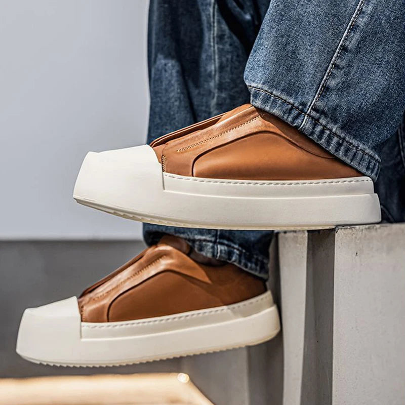 Men's Retro Brown PU Leather Platform Loafers | Lightweight Casual Sneakers
