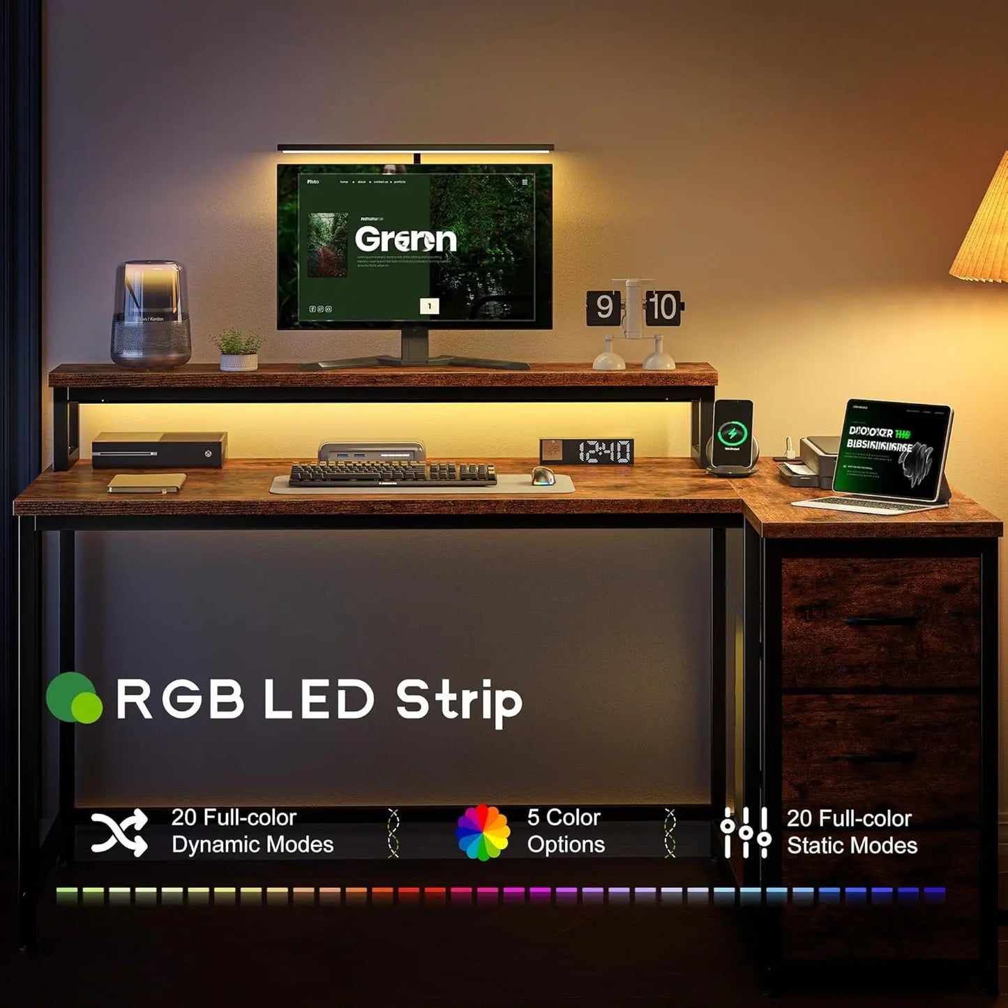 L Shaped Gaming Desk with Monitor Stand & 3 Drawers