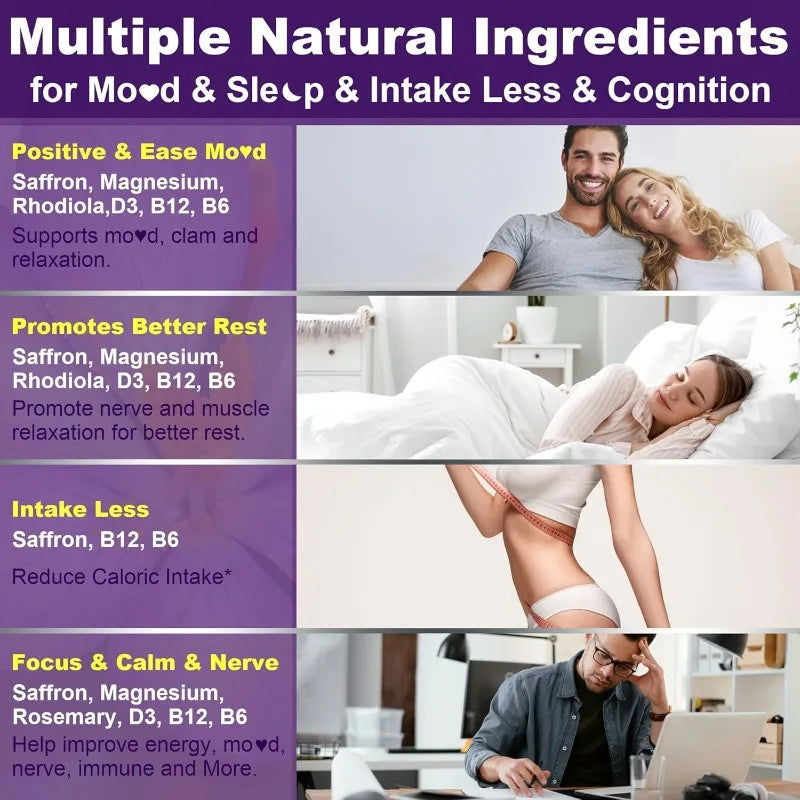 Saffron Gummies 4 Months Supply Extract 177mg Magnesium Glycinate B6 B12 D3 for Calm Rest Focus Sugar Free