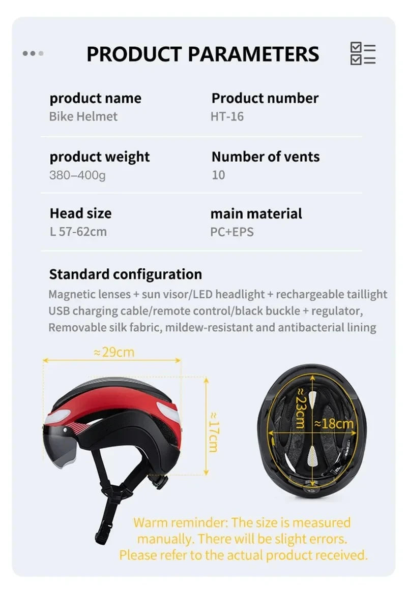 Ultralight Road Bicycle Helmet with LED Lights & Magnetic Goggles