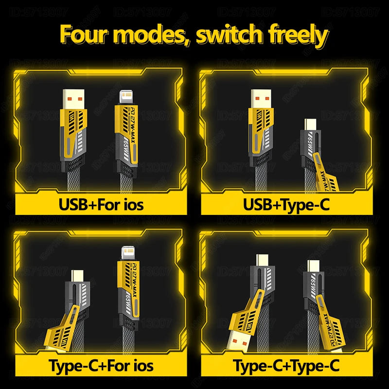 65W Fast Charging USB Cable - Mecha Style for iPhone & Type-C