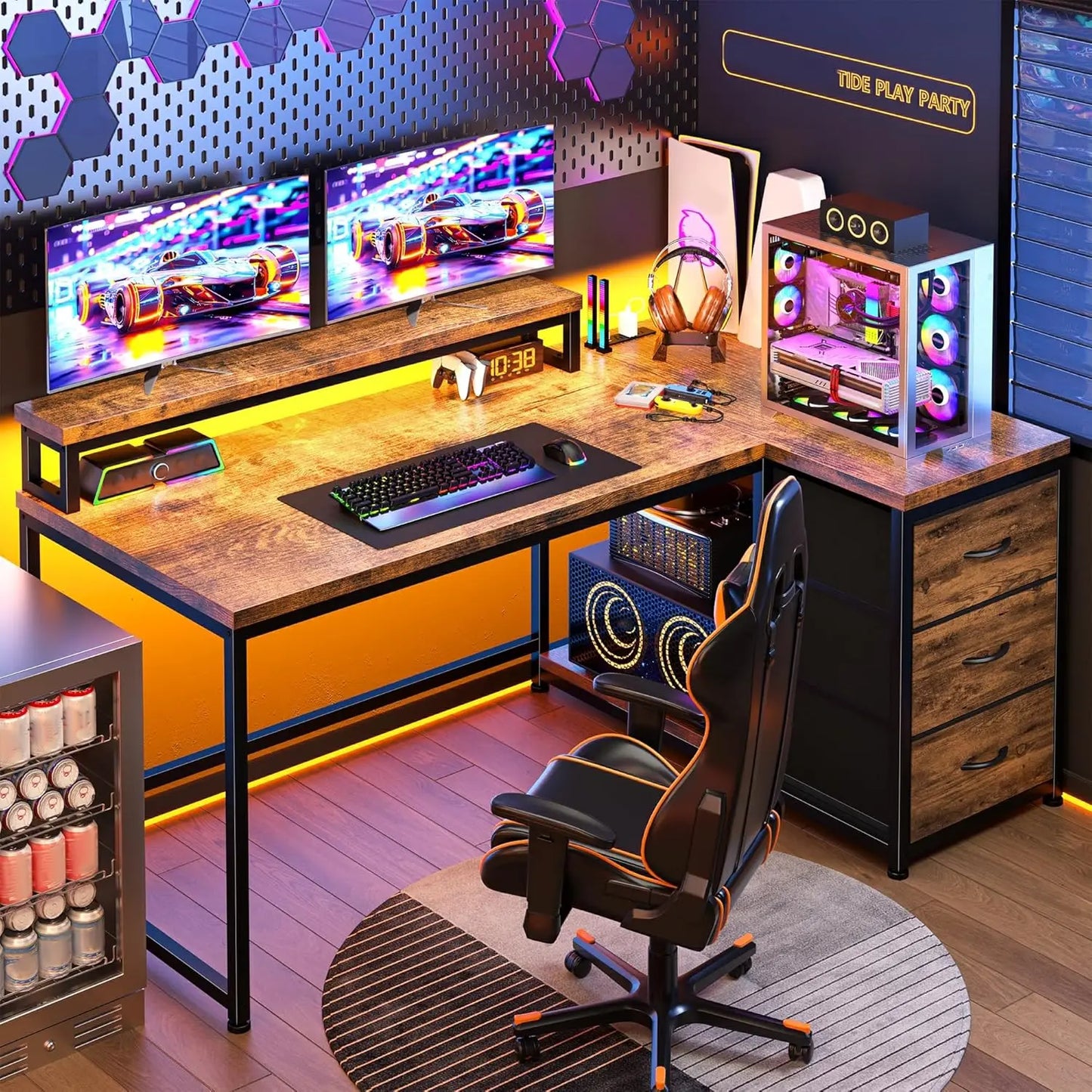 L Shaped Gaming Desk with Monitor Stand & 3 Drawers