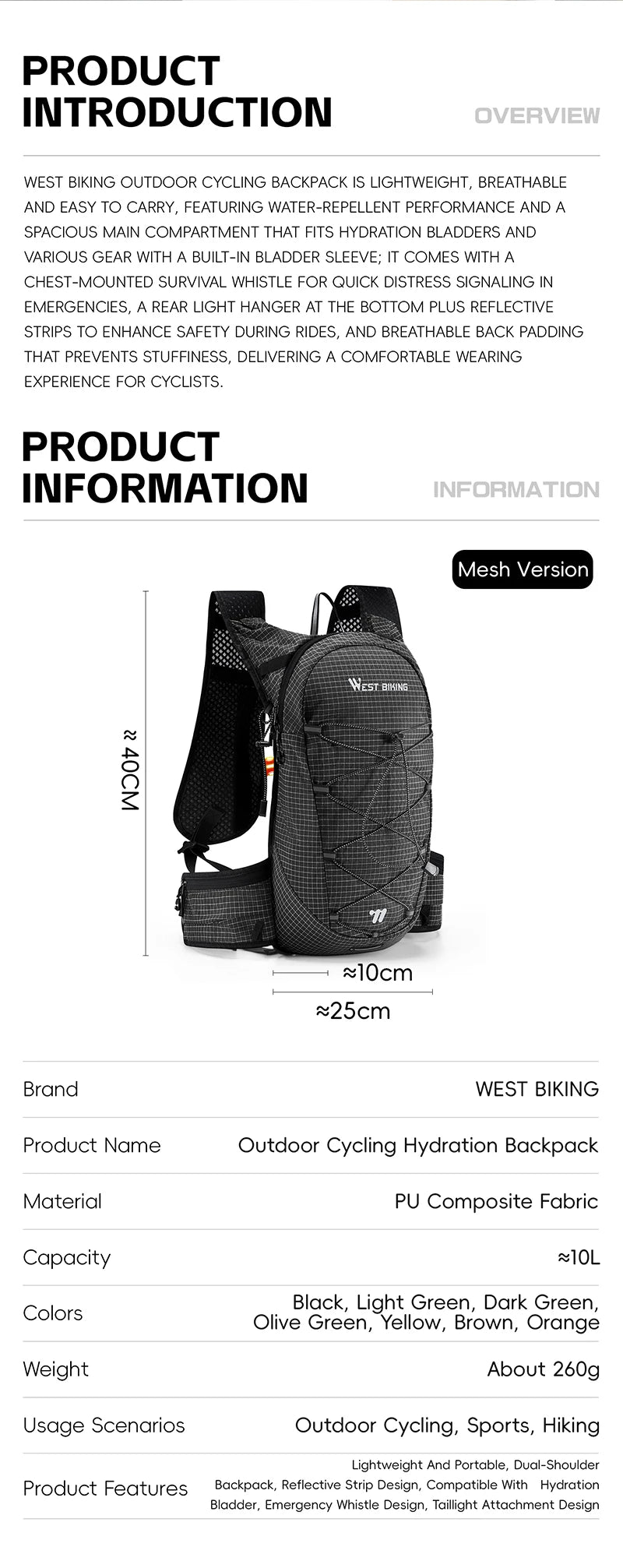 Mochila de hidratación ligera | Ideal para senderismo y ciclismo