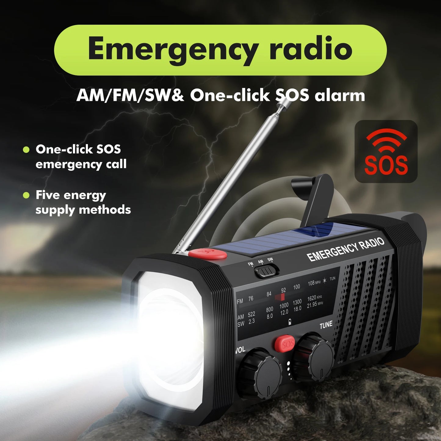 Emergency Radio with SOS Alarm & Flashlight for Survival
