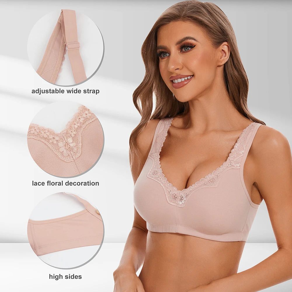 Women's Plus Size Floral Lace Wire-Free Cotton Bra for Comfort