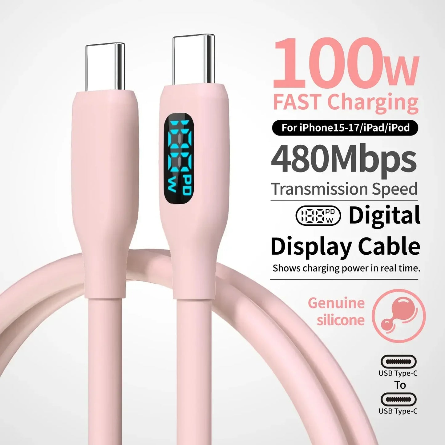 USB C Super Fast Charging Cable with Cute Pink LED Display
