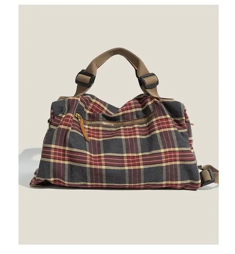 Large Capacity Burgundy Plaid Handbag | Convertible Shoulder Backpack