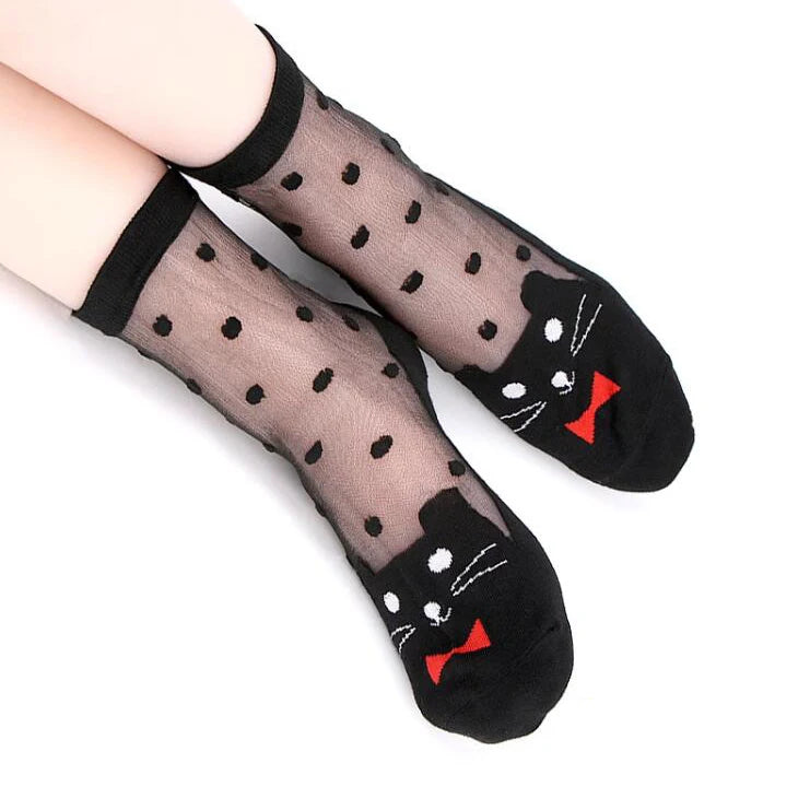 3 Pairs Women's Cat Lace Silk Socks | Thin Cartoon Design Socks
