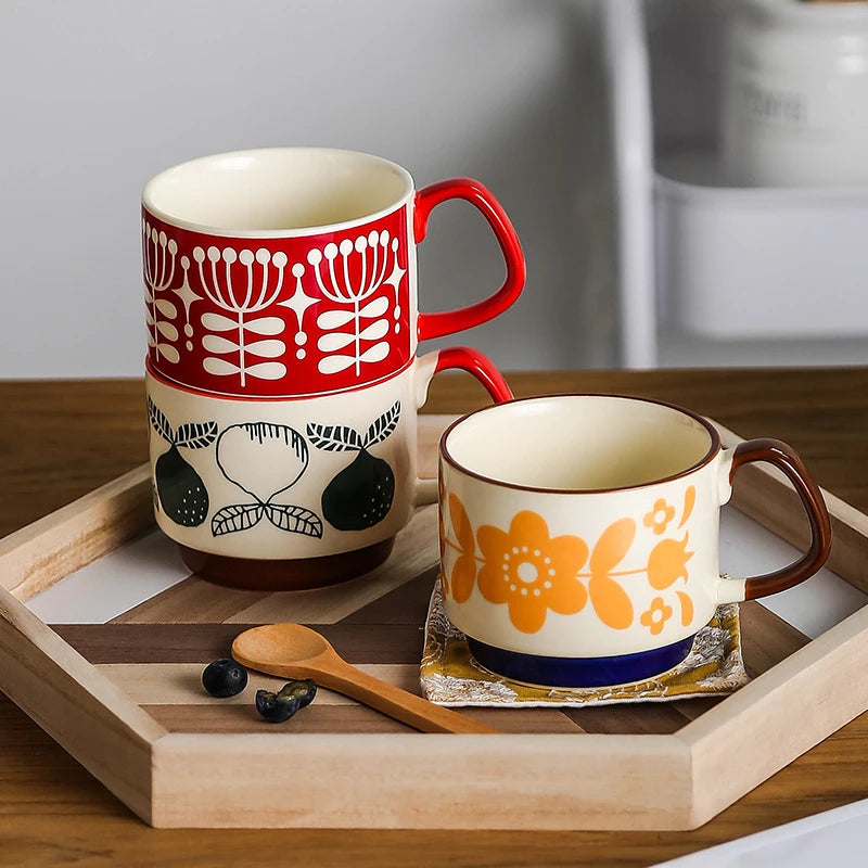 Set de tazas de cerámica retro japonesa con diseño floral de 300 ml | Vajilla elegante