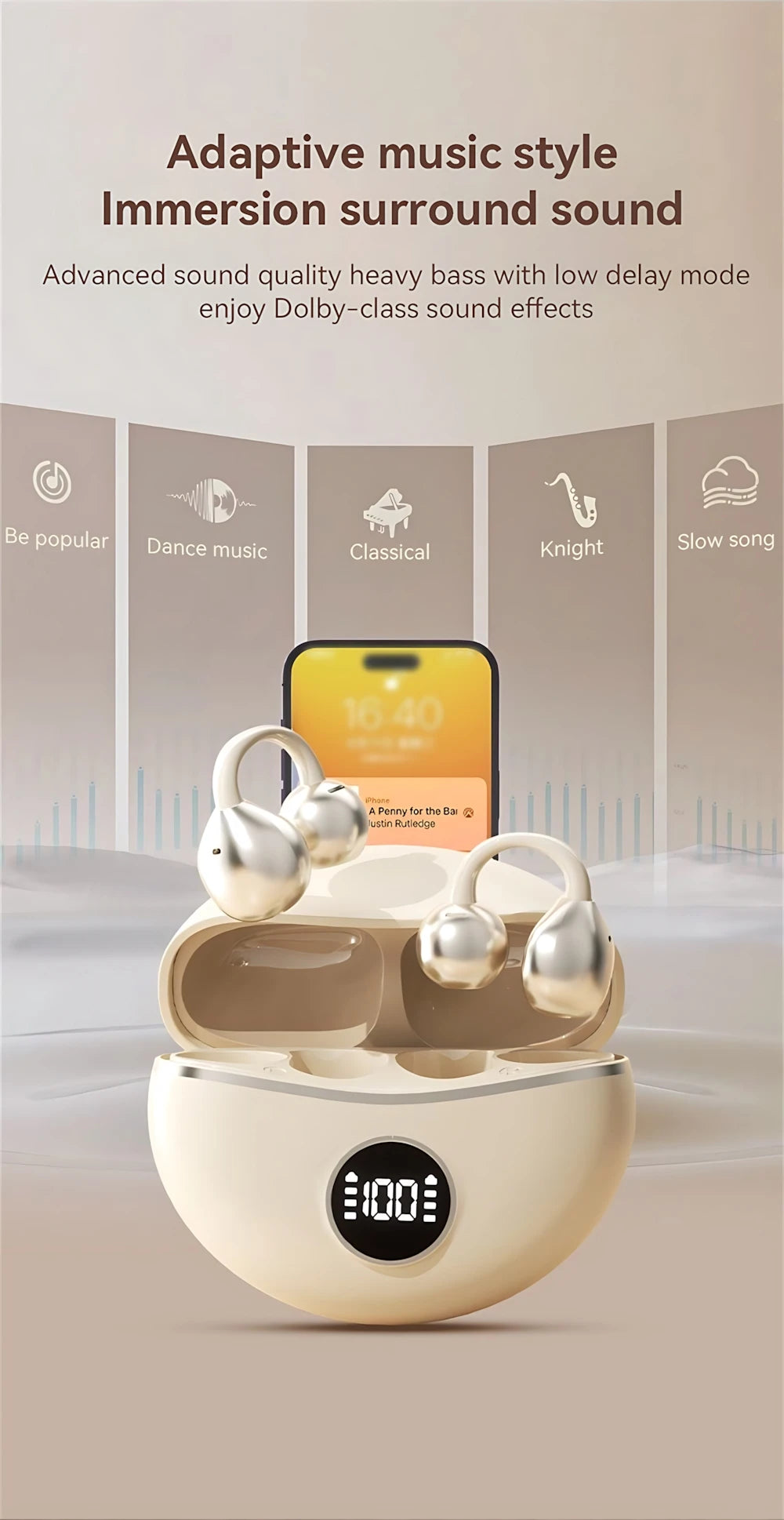 Bluetooth 5.3 Wireless Ear Clip Earphones | Noise Reduction Sports Earbuds