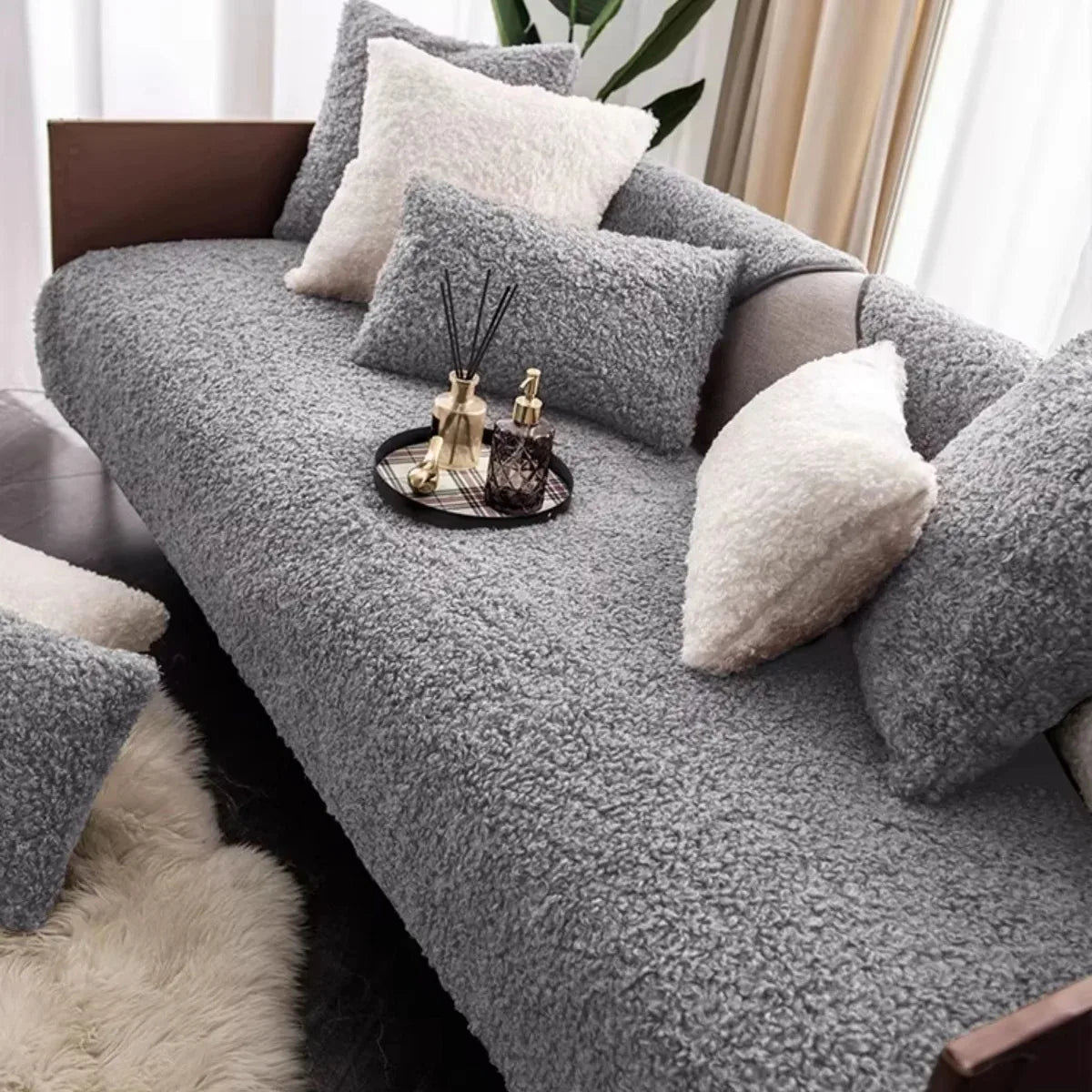 Thick Soft Fluffy Curling Sofa Cover | Anti-Slip Slipcover