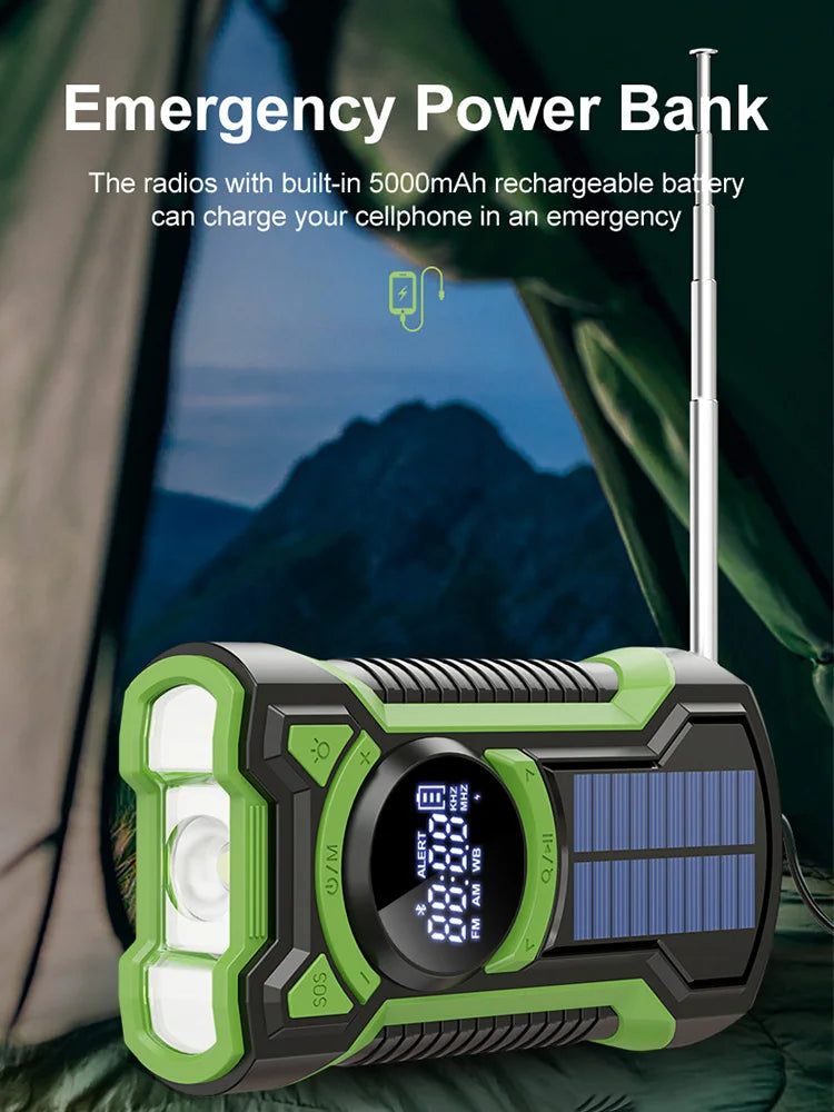Portable Solar Emergency Weather Radio | Hand Crank & Bluetooth