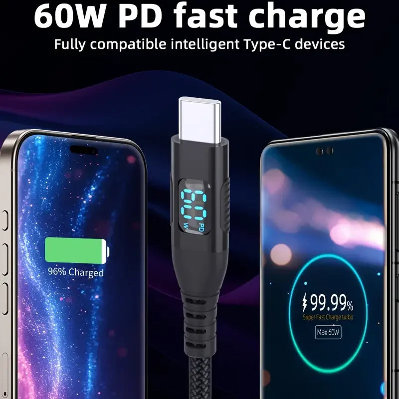 5PCS USB A to USB C Cables | Fast Charging with LED Display