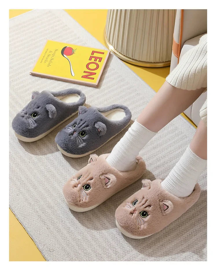Cute Cat Fluffy Platform Slippers | Furry Plush Indoor Shoes