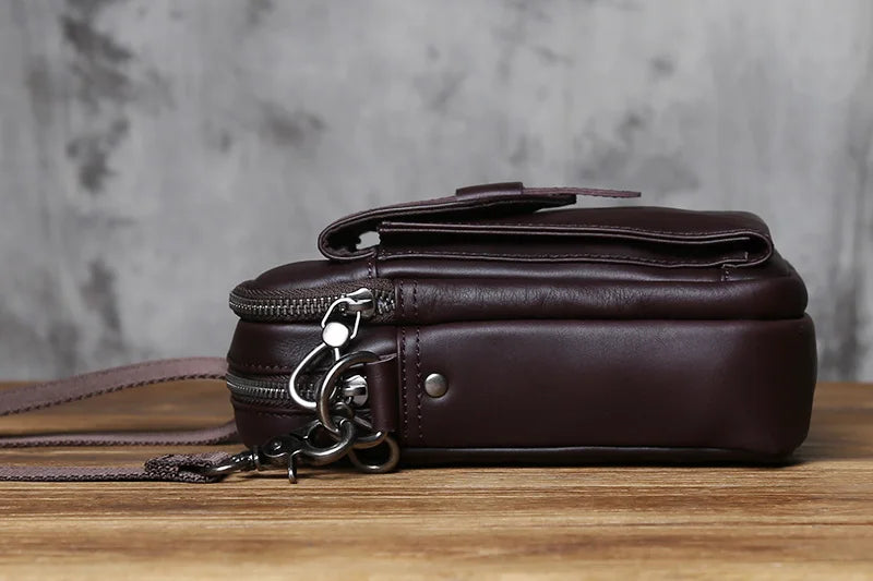 NZPJ Vintage Genuine Leather Men's Shoulder Bag Natural Cowhide Crossbody Bag Casual Small Backpack Suitable for 8-inch iPad