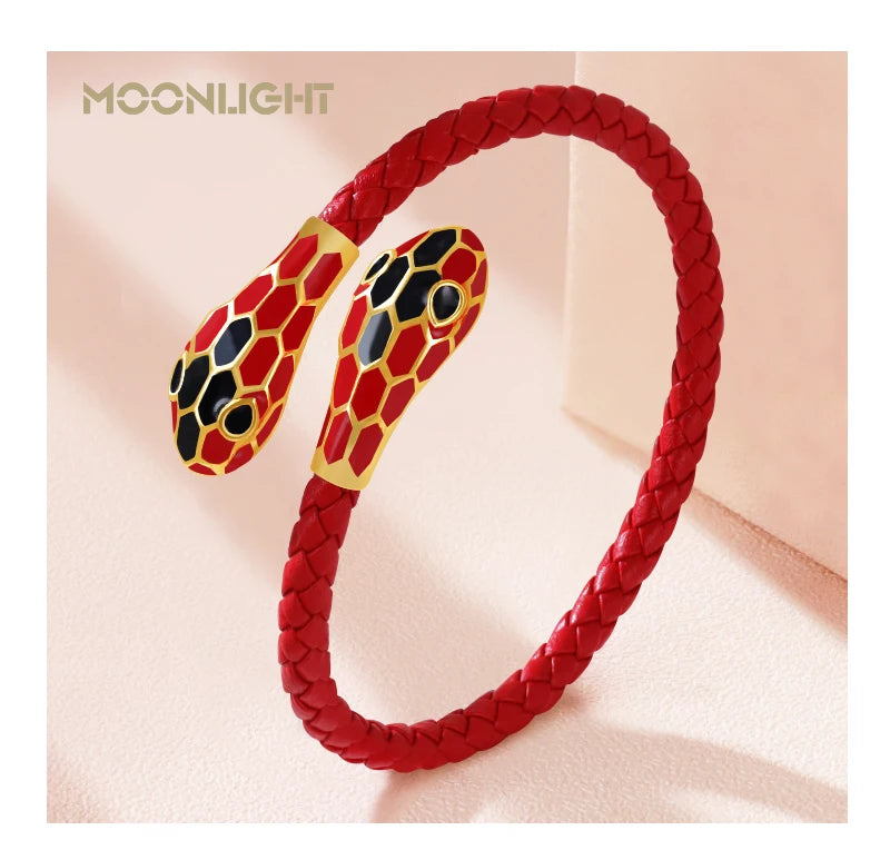 MOONLIGHT Classic Style Double Snake Head Cuff Bangles for Women Genuine Braided Leather Bracelets Female Fashion Jewelry Gifts