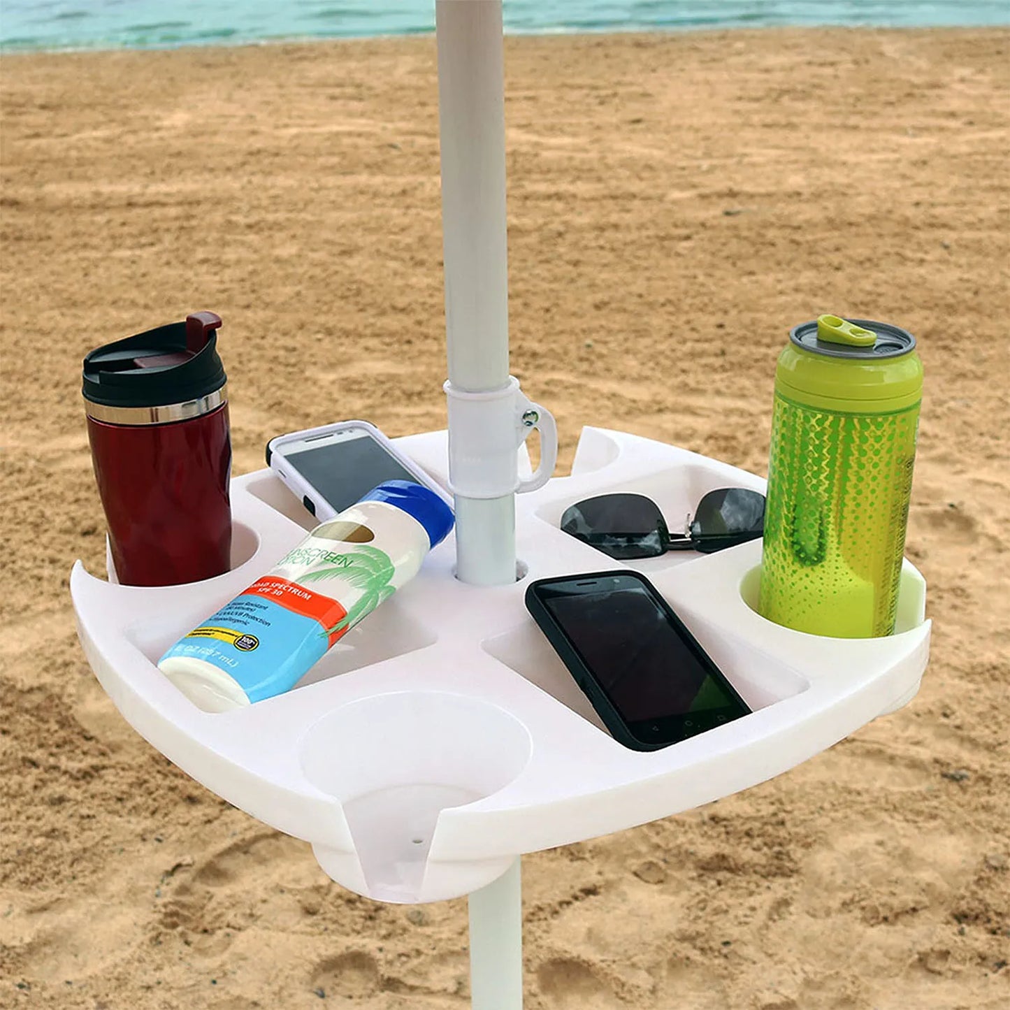Bandeja Versátil para Sombrilla de Playa con Portavasos y Compartimentos para Bocadillos