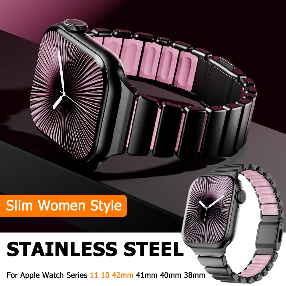 Slim Stainless Steel Rubber Strap for Apple Watch - Versatile & Stylish