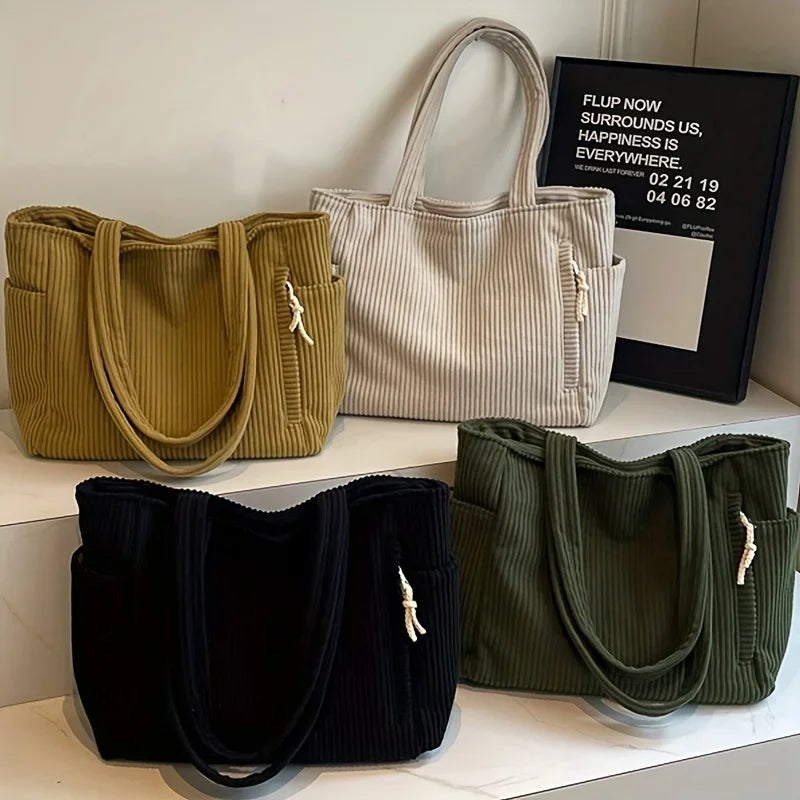 Bolso tote de pana espacioso con cremallera | Bolso de mano elegante