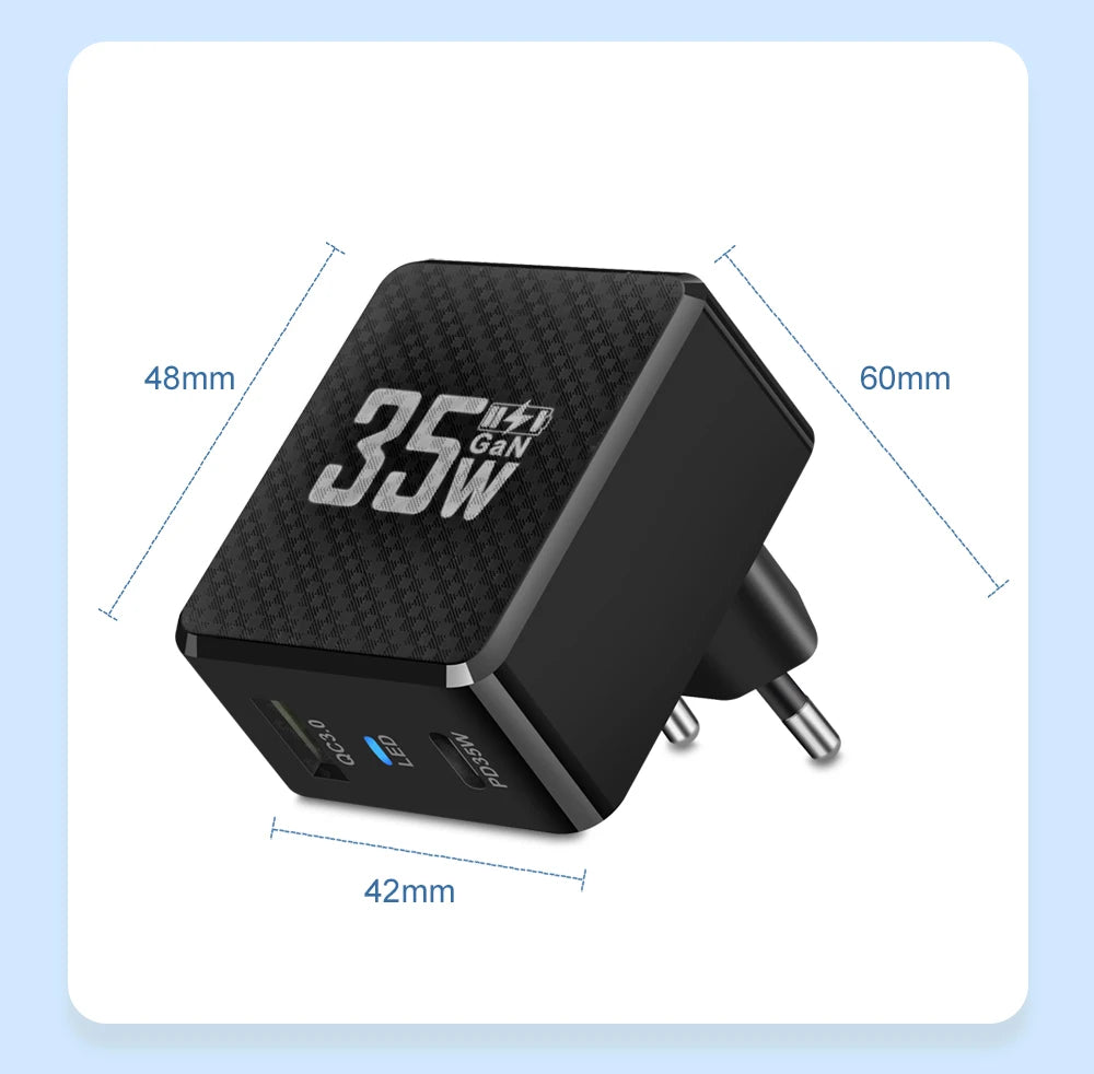 35W GaN Dual Port Fast Charger | USB-C & USB-A Wall Adapter