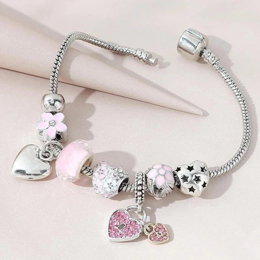 Beautiful Heart Flower Glass Pendant Charm Bracelet for Women