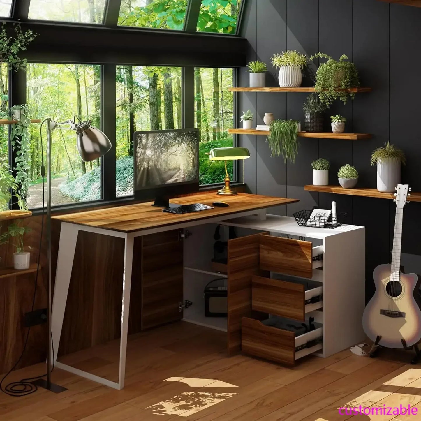 L-Shaped Home Office Computer Desk with Drawers & Shelves