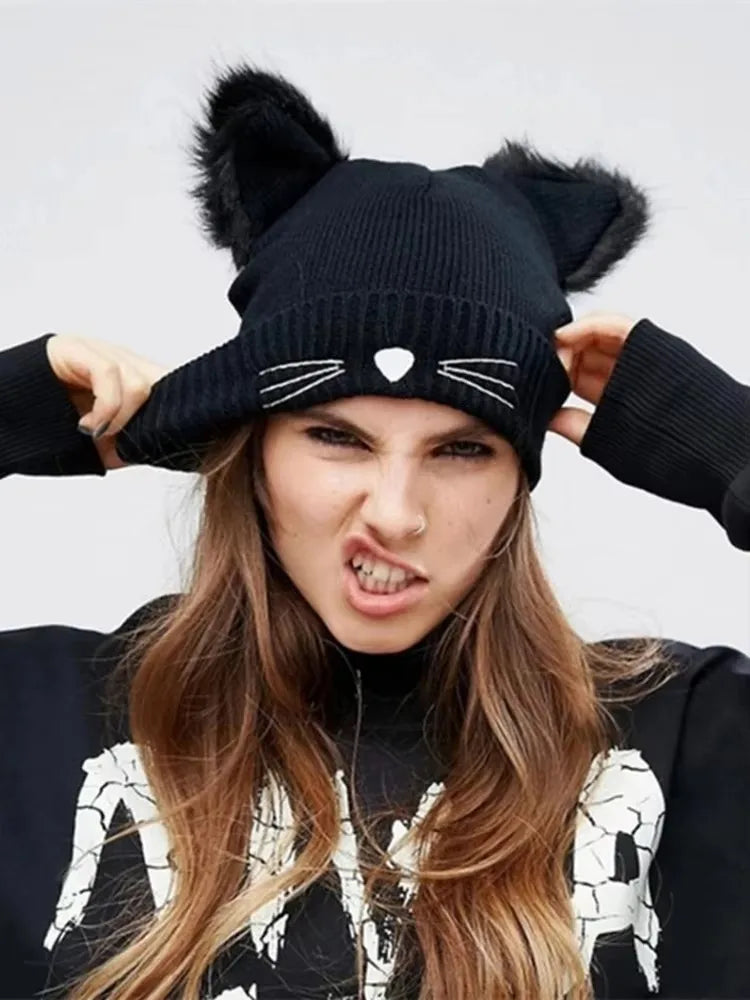 Women's Cute Cat Ear Beanie Hat | Warm Acrylic Knit Winter Skull Cap