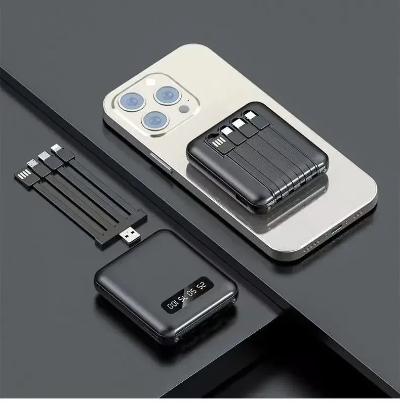High-Capacity Mini Power Bank with LED Display & Built-in Cable