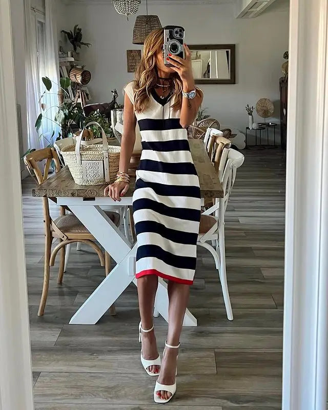 Striped V-Neck Pullover Dress for Women | Casual Summer Style
