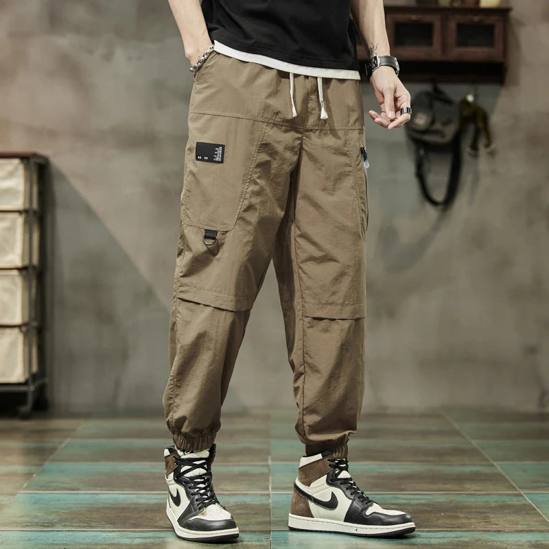 Men's High Waisted Cargo Trousers with Drawstring & Pockets