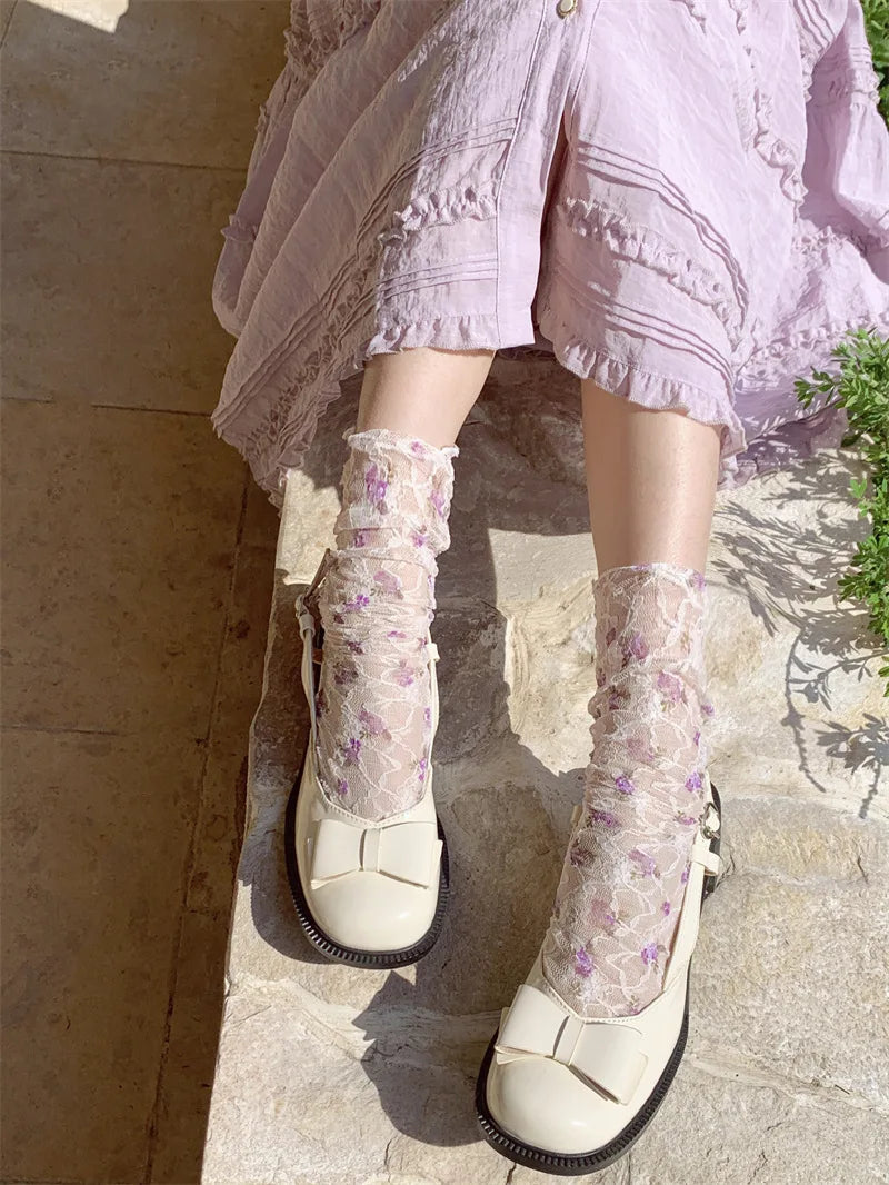 Stylish Korean Lace Flower Long Socks for Women | Breathable Comfort