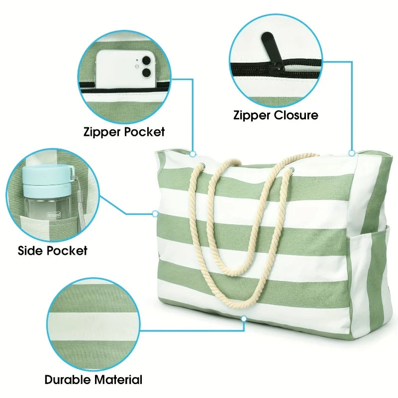 Large-Capacity Striped Waterproof Beach Tote Bag | Sand-Proof Storage