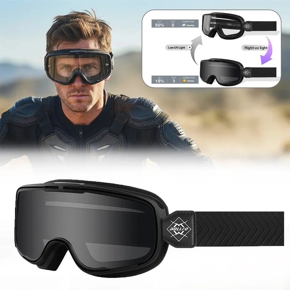 BOLLFO Photochromic Motorcycle Goggles Motorbike Eyewear OTG UV Protection Auto-tinting ATV Glasses Windproof Dirt Bike Goggles