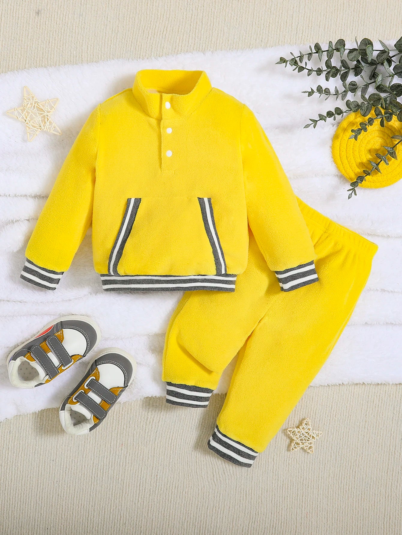 Bright Yellow Coral Fleece Baby Hoodie & Cuffed Pants Set | Warm Outfit
