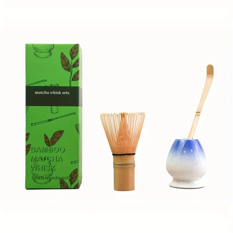 Matcha whisk set with green packaging on a white background