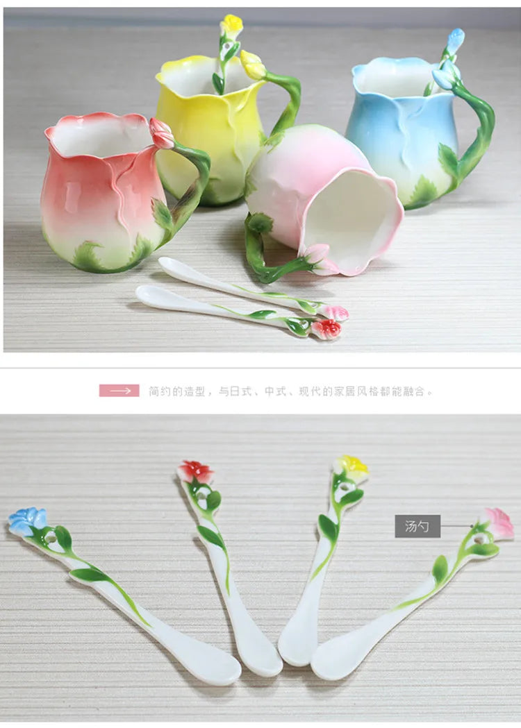 Creative 3D Rose Shape Ceramic Coffee Mug with Spoon - 4 Colors