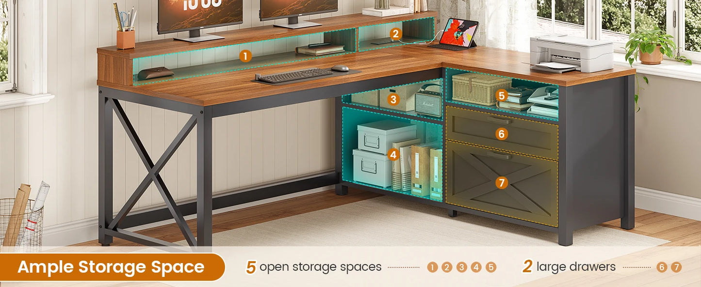 Versatile L Shaped Game Table with Drawers & LED Lights