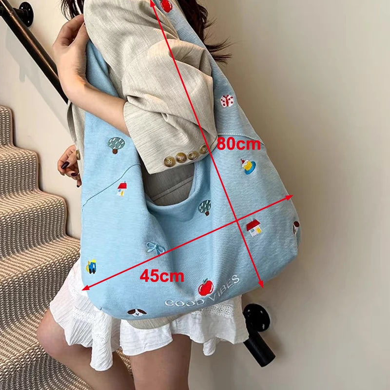 Stylish Embroidered Denim Tote Bag | Large Capacity Crossbody